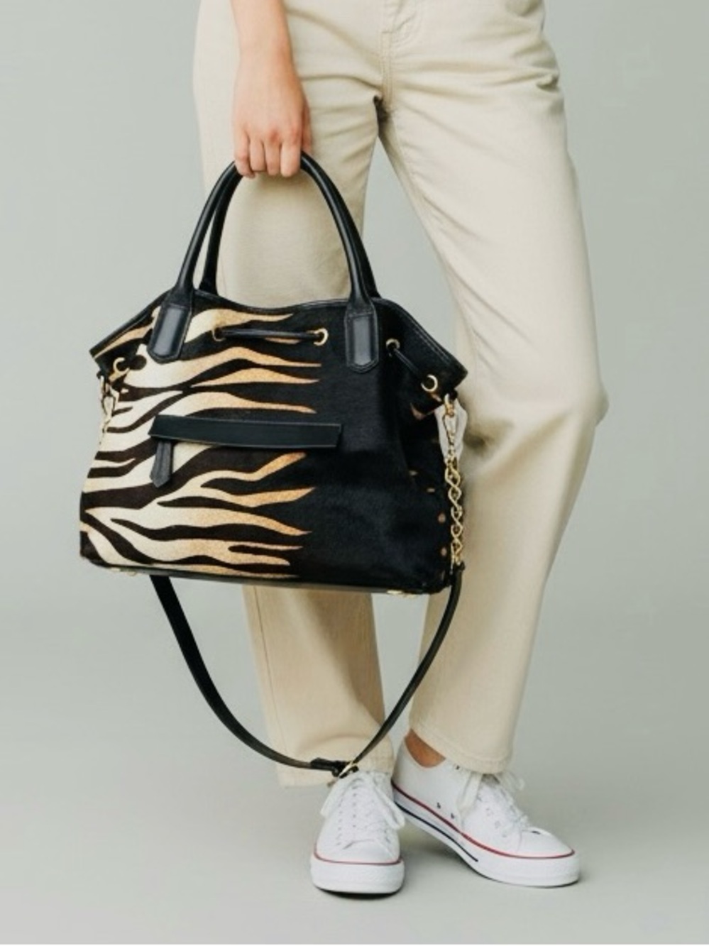 Cavalcanti Italian Leather Zebra-Print Calf Hair Shoulder Slouchy Tote Bag Purse